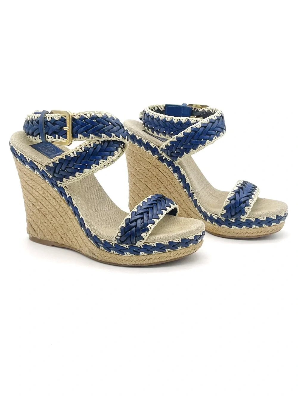 Tory Burch Lilah Espadrille Wedge Sandals Size 37 Cobalt Natural Braided Leather